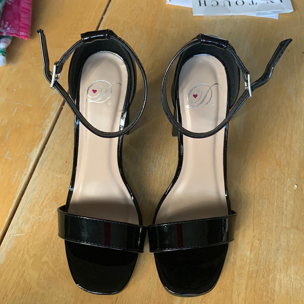 Women's Delicious High Heeled D'Orsay Sandals. Black Faux Patent Leather. 4 in.